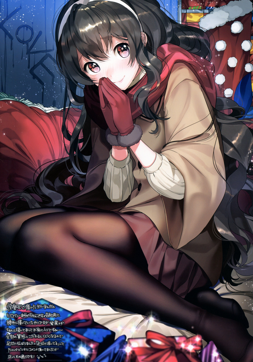 1girl absurdres bangs bed_sheet blurry blush boots box brown_legwear christmas christmas_stocking closed_mouth coat depth_of_field english fur_trim gift gift_box glass glass_writing gloves hairband highres light_particles long_hair long_sleeves looking_at_viewer miniskirt no_shoes ogino_atsuki on_bed original own_hands_together pantyhose pom_pom_(clothes) red_eyes red_gloves red_scarf red_skirt scan scarf sitting skirt smile solo sparkle very_long_hair wavy_hair wide_sleeves window_writing winter_clothes yokozuwari