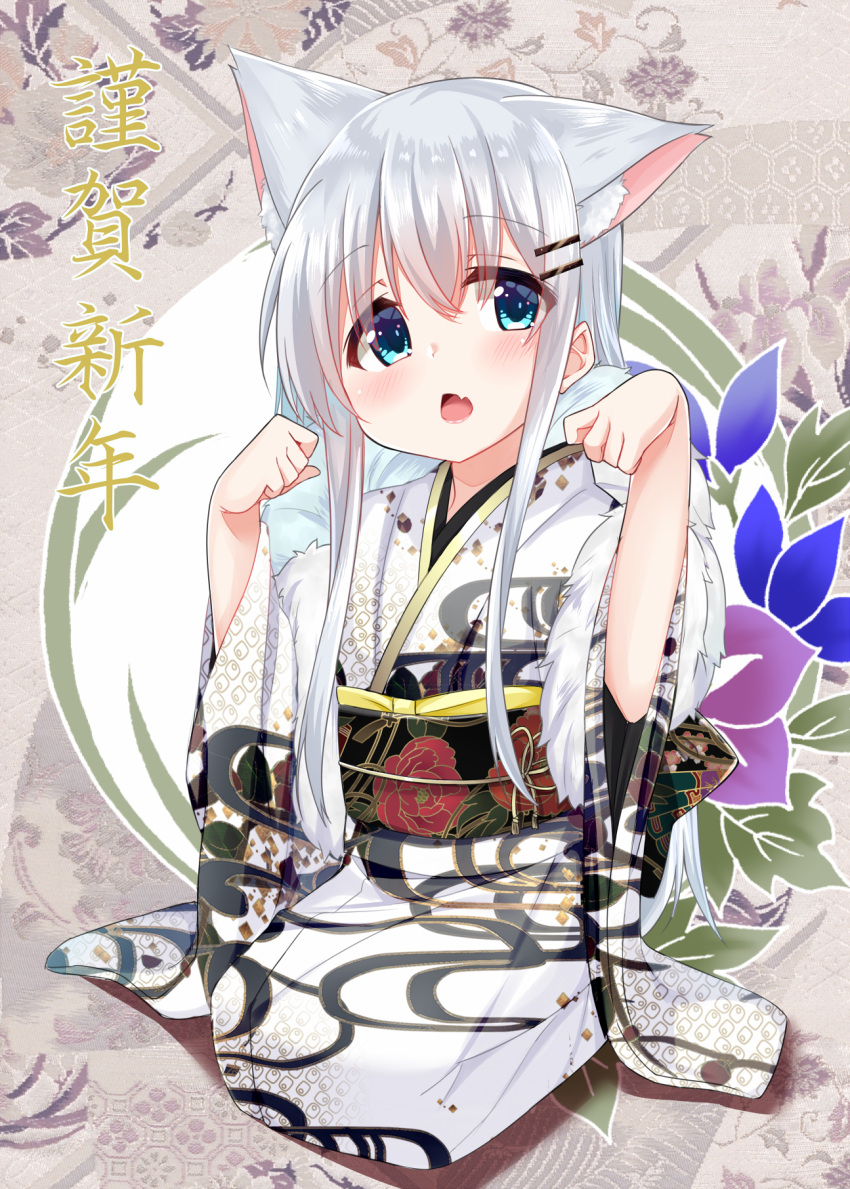 1girl animal_ears bangs blue_eyes cacao_(chocolat) cat_ears chestnut_mouth chocola_(cacao) commentary_request eyebrows_visible_through_hair fang full_body hair_between_eyes hair_ornament hairclip hands_up head_tilt highres japanese_clothes kimono long_hair long_sleeves looking_at_viewer obi open_mouth original print_kimono sash sidelocks silver_hair solo very_long_hair white_kimono wide_sleeves