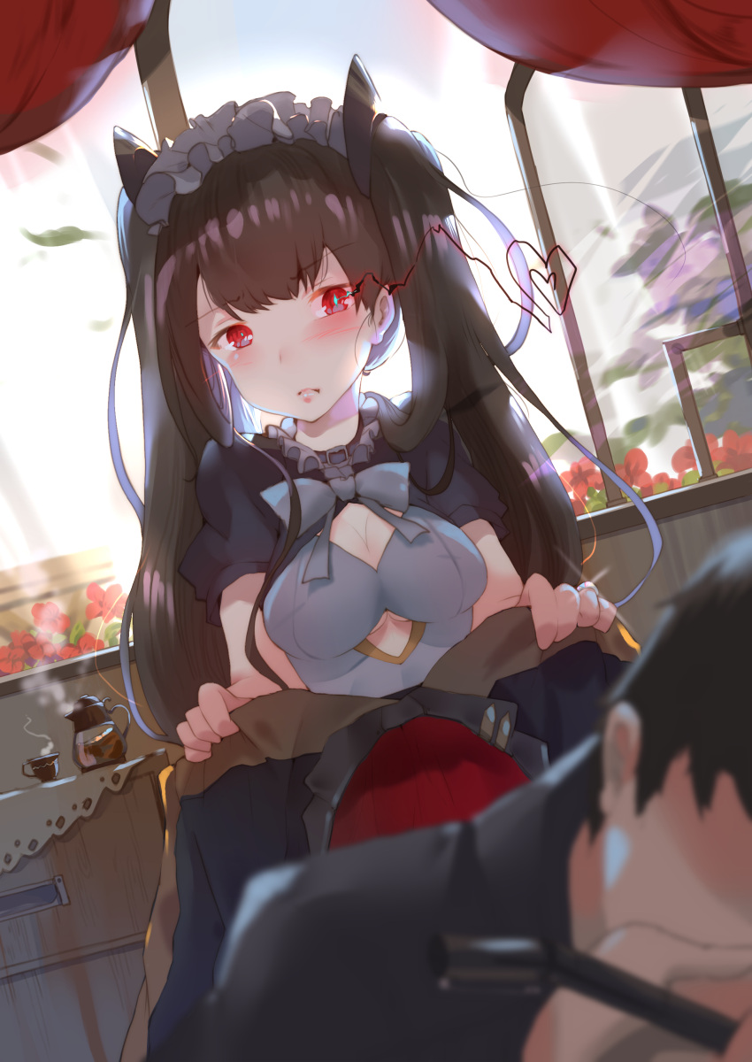 1boy 1girl absurdres alternate_costume bangs black_gloves black_hair black_skirt blush bow breasts buckle cleavage_cutout coffee coffee_cup collar curtains drawer embarrassed enmaided eyebrows_visible_through_hair flower frilled_shirt frills girls_frontline gloves hair_over_shoulder half-closed_eyes head_on_table heart highres holding_jacket jewelry leaf leaves_in_wind lightning long_hair looking_at_another looking_at_viewer maid military military_uniform ouroboros_(girls_frontline) red_eyes ring sangvis_ferri saucer shirt skirt sleeping solo steam sunlight tablet thigh-highs tsurime twintails underboob_cutout uniform very_long_hair wedding_band wind window yueqin_(monnpiano)