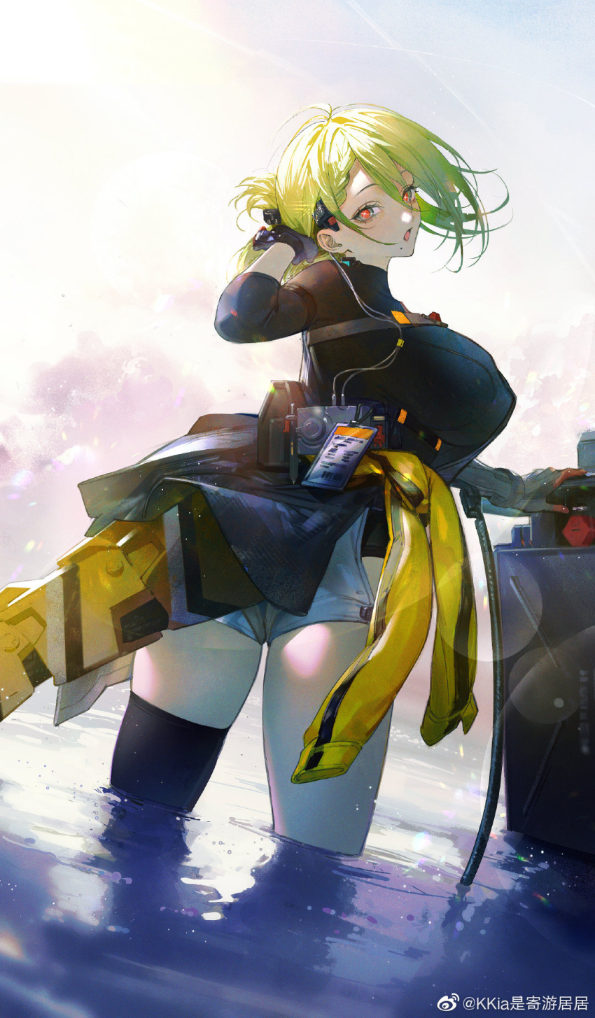 1girl adjusting_hair ahoge black_shirt blue_eyes breasts chinese_commentary commentary_request cowboy_shot de_lacey_(girls'_frontline_nc) from_behind girls'_frontline_neural_cloud girls_frontline gloves green_eyes green_hair highres id_card kkia large_breasts long_hair looking_at_viewer looking_back mechanical_tail mole mole_under_mouth multicolored_eyes open_mouth red_eyes shirt short_hair solo symbol-shaped_pupils tail wading water weibo_username