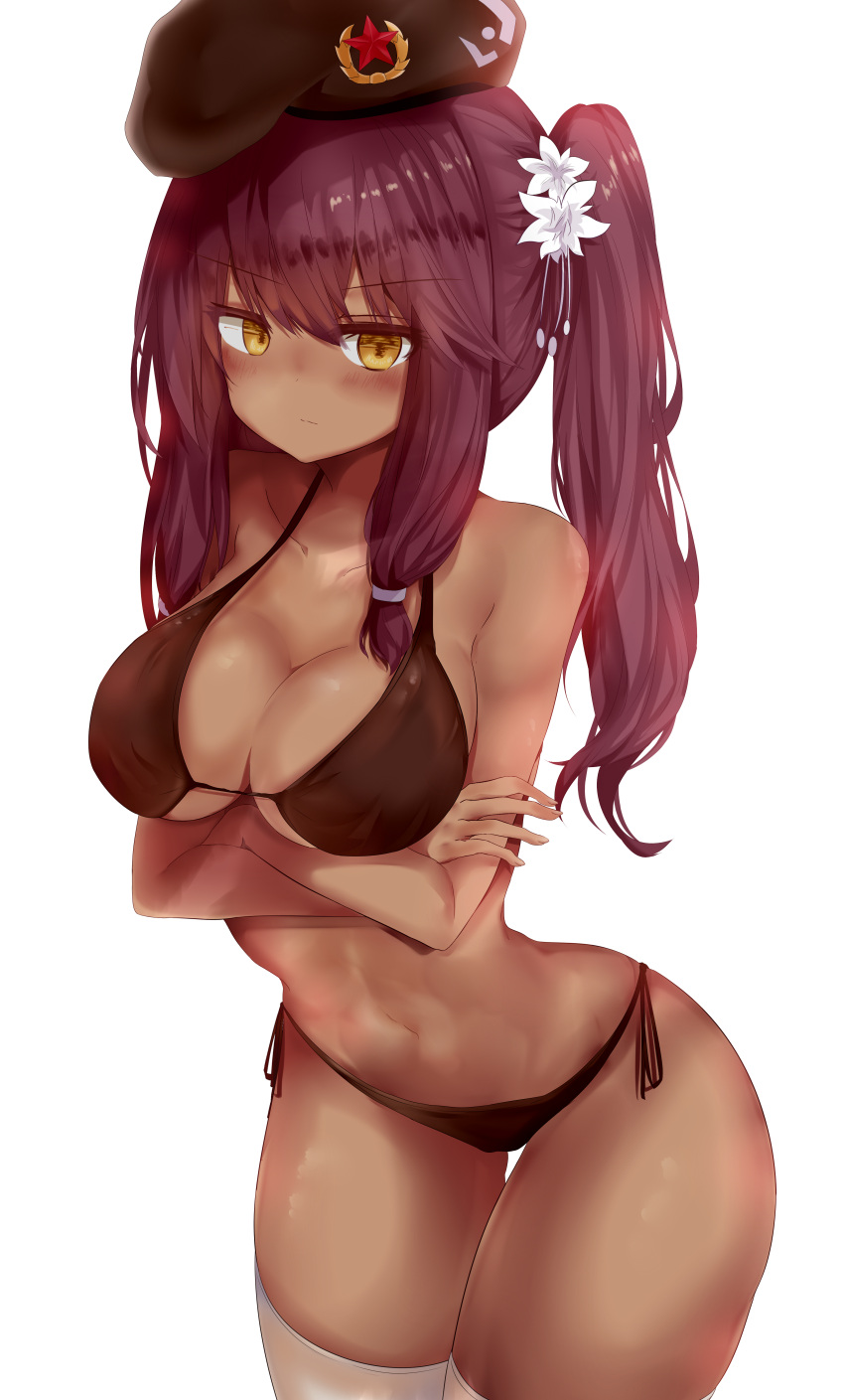 1girl absurdres bare_arms beret bikini bikini_bottom bikini_top blush breasts brown_bikini brown_bikini_bottom brown_bikini_top cleavage collarbone crossed_arms dark_skin eyebrows_visible_through_hair eyes_visible_through_hair flower girls_frontline hair_flower hair_ornament hair_ribbon hat highres large_breasts leaning legs_together long_hair looking_at_viewer navel purple_hair ribbon ru_zhai saiga-12_(girls_frontline) side-tie_bikini sidelocks simple_background solo stomach swimsuit swimwear thigh-highs thighs tress_ribbon tsurime twintails white_background white_legwear yellow_eyes