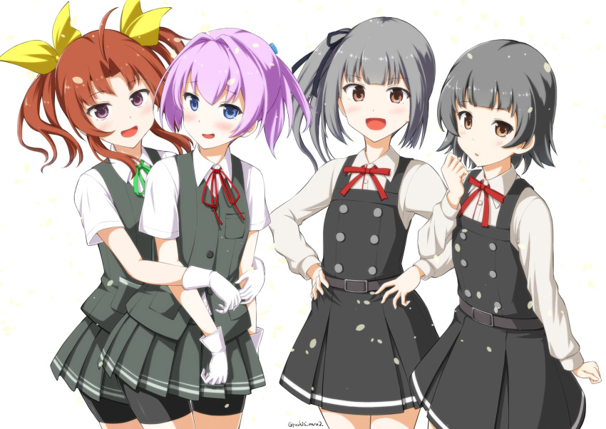 4girls :d ahoge arare_(kantai_collection) arm_at_side bangs belt bike_shorts black_dress black_ribbon black_shorts black_skirt black_vest blue_eyes blunt_bangs blush bow breast_pocket brown_eyes collared_shirt cowboy_shot double-breasted dress eyebrows_visible_through_hair gloves green_neckwear hair_bow hair_ribbon hand_up hands_on_hips highres hug hug_from_behind kagerou_(kantai_collection) kantai_collection kasumi_(kantai_collection) long_hair long_sleeves looking_at_viewer multiple_girls neck_ribbon open_mouth parted_bangs pinafore_dress pink_hair pleated_skirt pocket ponytail raised_eyebrows red_neckwear red_ribbon redhead ribbon shiranui_(kantai_collection) shirt short_hair short_sleeves shorts shorts_under_skirt side_ponytail sidelocks simple_background skirt smile standing tareme two_side_up vest white_background white_gloves white_shirt wing_collar yellow_bow yuuki_kazuhito