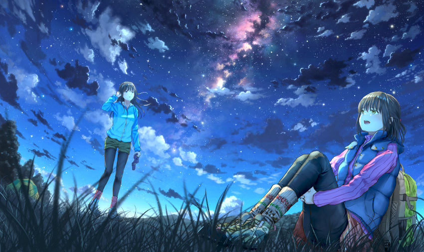 2girls :d backpack bag black_legwear blue_eyes brown_eyes brown_hair coat commentary_request duffel_coat fisheye full_body grass hair_blowing half_updo hand_in_hair hat highres holding holding_hat jacket layered_clothing leaning_back leg_hug long_hair long_sleeves looking_up milky_way mountain multiple_girls night open_clothes open_coat open_mouth original outdoors pantyhose pink_legwear pink_shirt scenery shirt shoes short_hair shorts sitting sky smile sneakers socks standing star_(sky) starry_sky sugi87 tent track_jacket tree untucked_shirt wind