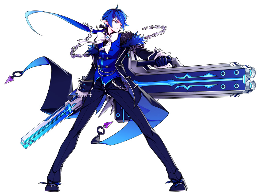 1boy absurdres black_coat black_footwear black_gloves black_pants blue_eyes blue_hair blue_shirt bow chains ciel_(elsword) closed_mouth cross cross_earrings dual_wielding earrings elsword full_body gloves gun highres holding holding_gun holding_weapon hwansang jewelry long_hair looking_away male_focus official_art pants pointy_ears ponytail royal_guard_(elsword) serious shirt shoes solo standing weapon white_bow