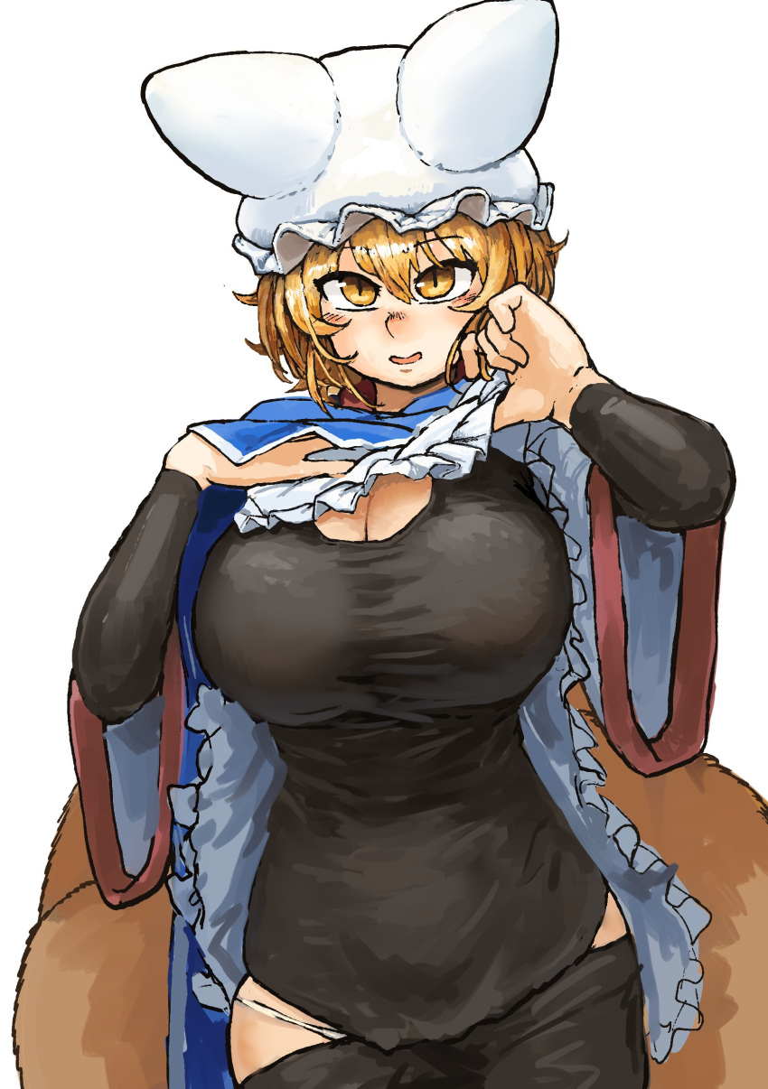 1girl absurdres bangs blonde_hair blush breasts chanta_(ayatakaoisii) cleavage commentary_request cowboy_shot dress dress_lift eyebrows_visible_through_hair fox_tail hair_between_eyes hat highres large_breasts lifted_by_self long_sleeves looking_at_viewer mob_cap multiple_tails open_mouth panties short_hair simple_background slit_pupils solo tail touhou underwear white_background white_hat white_panties wide_sleeves yakumo_ran yellow_eyes