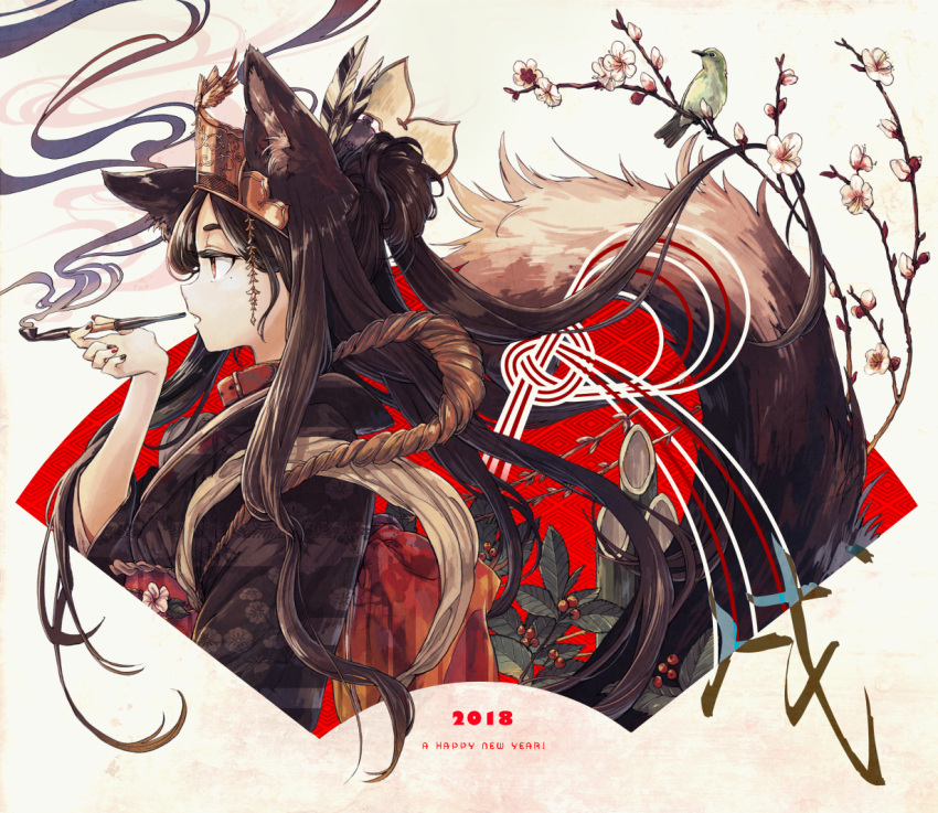 2018 animal_ears bamboo bird black_nails branch brown_hair collar dog_ears dog_tail floral_print flower from_side half-closed_eyes hand_up happy_new_year hat hisona_(suaritesumi) holding japanese_clothes kimono kiseru long_hair mole mole_under_eye nail_polish new_year open_mouth original pipe profile red_nails rope tail very_long_hair wide_sleeves