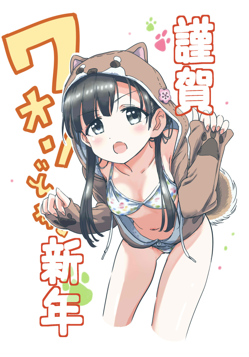 1girl absurdres animal_costume bent_over bikini bikini_under_clothes black_eyes black_hair blush breasts cropped_legs dog_costume dog_tail drawstring highres idolmaster idolmaster_cinderella_girls kobayakawa_sae long_hair long_sleeves looking_at_viewer multicolored multicolored_bikini multicolored_clothes navel open_mouth paw_print pizzasi simple_background sleeves_past_wrists small_breasts solo standing swimsuit tail translation_request v-shaped_eyebrows white_background year_of_the_dog