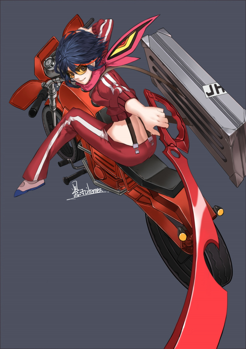 10s 1girl blue_hair case citemer crop_top ground_vehicle highres kill_la_kill liuruoyu8888 looking_back matoi_ryuuko midriff motor_vehicle motorcycle overalls scarf scissor_blade senketsu senketsu_(scarf) shoes solo sunglasses track_suit vehicle weapon