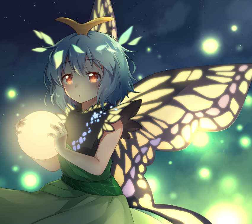 1girl antennae bare_arms blue_hair brown_eyes butterfly_wings caramell0501 dress eternity_larva eyebrows_visible_through_hair green_dress holding looking_at_viewer solo touhou wings