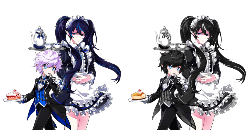 1boy 1girl alternate_hair_color alternate_hair_length alternate_hairstyle androgynous april_fools apron black_dress black_hair black_pants blue_eyes blue_hair butler cake ciel_(elsword) crossdressinging cup dress eating elsword expressionless food fork frilled_apron frills gloves highres hwansang jitome long_hair looking_at_viewer looking_to_the_side luciela_r._sourcream maid multicolored_hair official_art pants plate pointy_ears reverse_trap shaded_face short_hair strawberry_shortcake streaked_hair symbol-shaped_pupils teacup teapot tray two-tone_hair white_apron white_gloves white_hair