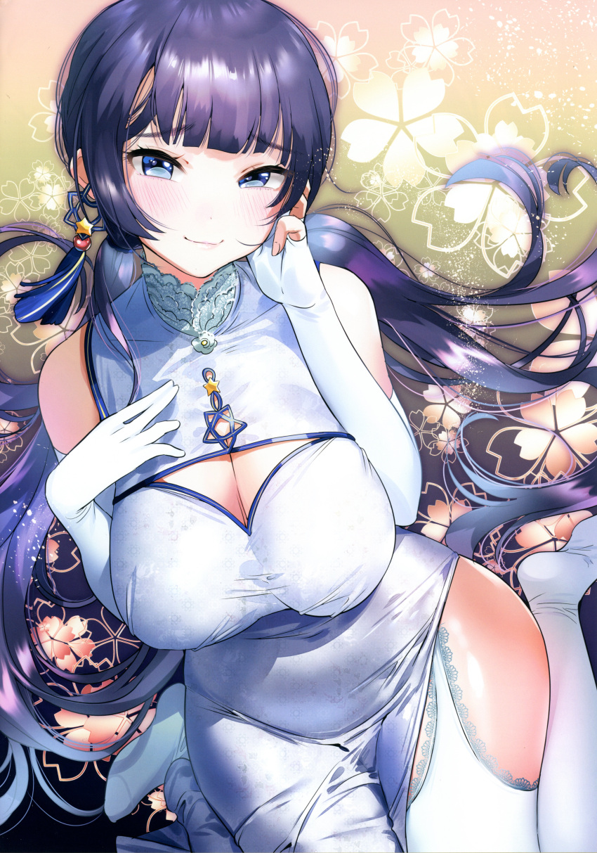 1girl absurdres bangs black_hair blue_eyes blunt_bangs blush breasts china_dress chinese_clothes cleavage cleavage_cutout commentary_request covered_navel dress earrings elbow_gloves floating_hair floral_background gloves highres jewelry lace lace-trimmed_thighhighs large_breasts long_hair looking_at_viewer low_twintails multicolored_hair ogino_atsuki original partly_fingerless_gloves scan sitting sleeveless sleeveless_dress smile solo thigh-highs twintails two-tone_hair very_long_hair wariza white_gloves white_legwear