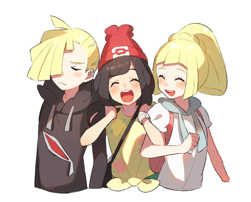 1boy 2girls arm_hug backpack bag beanie black_hair blonde_hair brother_and_sister closed_eyes gladio_(pokemon) hair_over_one_eye hat hood hoodie lillie_(pokemon) long_hair long_sleeves mizuki_(pokemon_sm) multiple_girls open_mouth pokemon pokemon_(game) pokemon_sm ponytail red_hat shirt short_hair short_sleeves siblings simple_background tied_shirt torn_clothes unapoppo white_background white_shirt z-ring