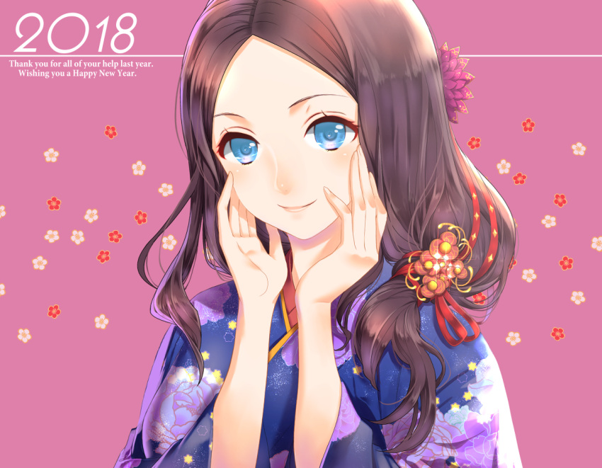 1girl bangs blue_eyes blue_kimono brown_hair closed_mouth english fate/grand_order fate_(series) floral_background floral_print flower forehead hair_flower hair_ornament hair_over_shoulder hair_ribbon hands_on_own_cheeks hands_on_own_face hands_up happy_new_year japanese_clothes kimono leonardo_da_vinci_(fate/grand_order) lips long_hair long_sleeves low-tied_long_hair new_year p-kana parted_bangs pink_background print_kimono red_ribbon ribbon smile solo sparkle upper_body yukata