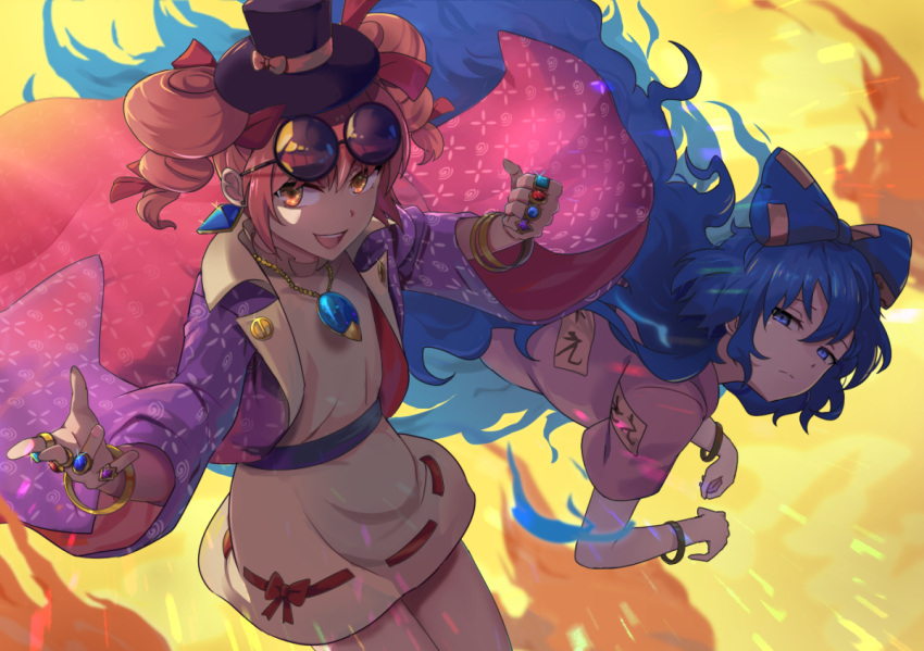 2girls blue_eyes blue_hair bow bracelet dress drill_hair earrings glasses hat hsin jacket jewelry long_hair looking_at_viewer multiple_girls necklace pink_eyes pink_hair skirt touhou twin_drills yorigami_jo'on yorigami_shion