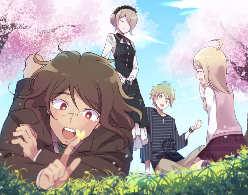 2boys 2girls akamatsu_kaede amami_rantarou black_dress black_gloves black_hairband blonde_hair brown_hair butterfly dangan_ronpa dress eyebrows_visible_through_hair gloves gokuhara_gonta grass green_eyes green_hair hair_over_one_eye hairband maid multiple_boys multiple_girls musical_note_hair_ornament necktie new_dangan_ronpa_v3 open_mouth pleated_skirt red_eyes shirt short_hair sitting skirt sleeveless sleeveless_dress smile spider_web_print sweater_vest toujou_kirumi white_shirt yuuma_(yuma1111)