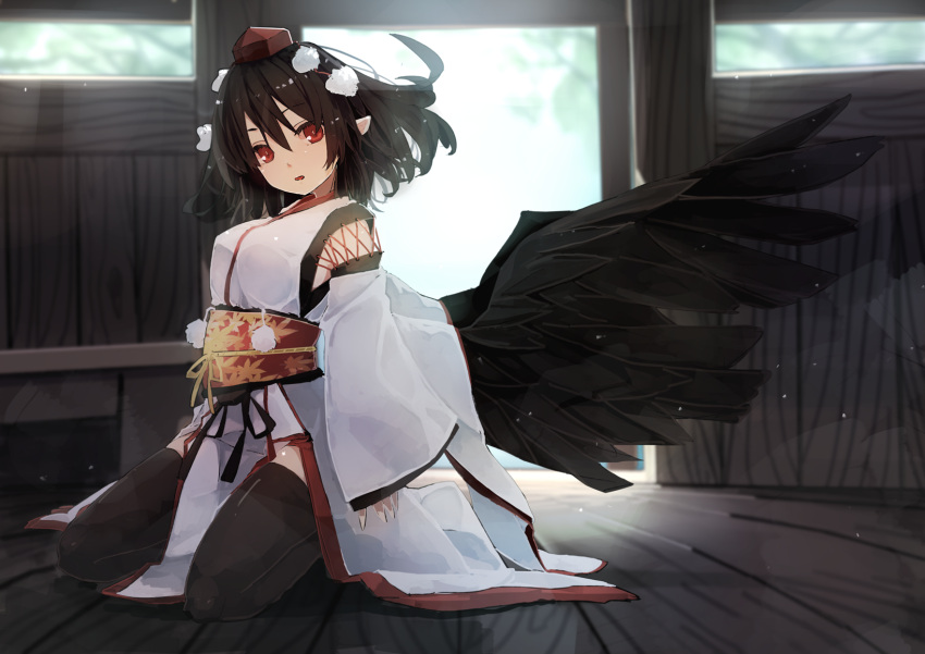 1girl :o arms_at_sides backlighting bangs black_hair black_wings door feathered_wings full_body futatsuki_eru hair_between_eyes hat highres indoors japanese_clothes kimono loincloth long_sleeves looking_at_viewer obi on_floor open_mouth pointy_ears pom_pom_(clothes) red_eyes red_hat sash shameimaru_aya short_hair solo tokin_hat touhou white_kimono wide_sleeves wings wooden_floor