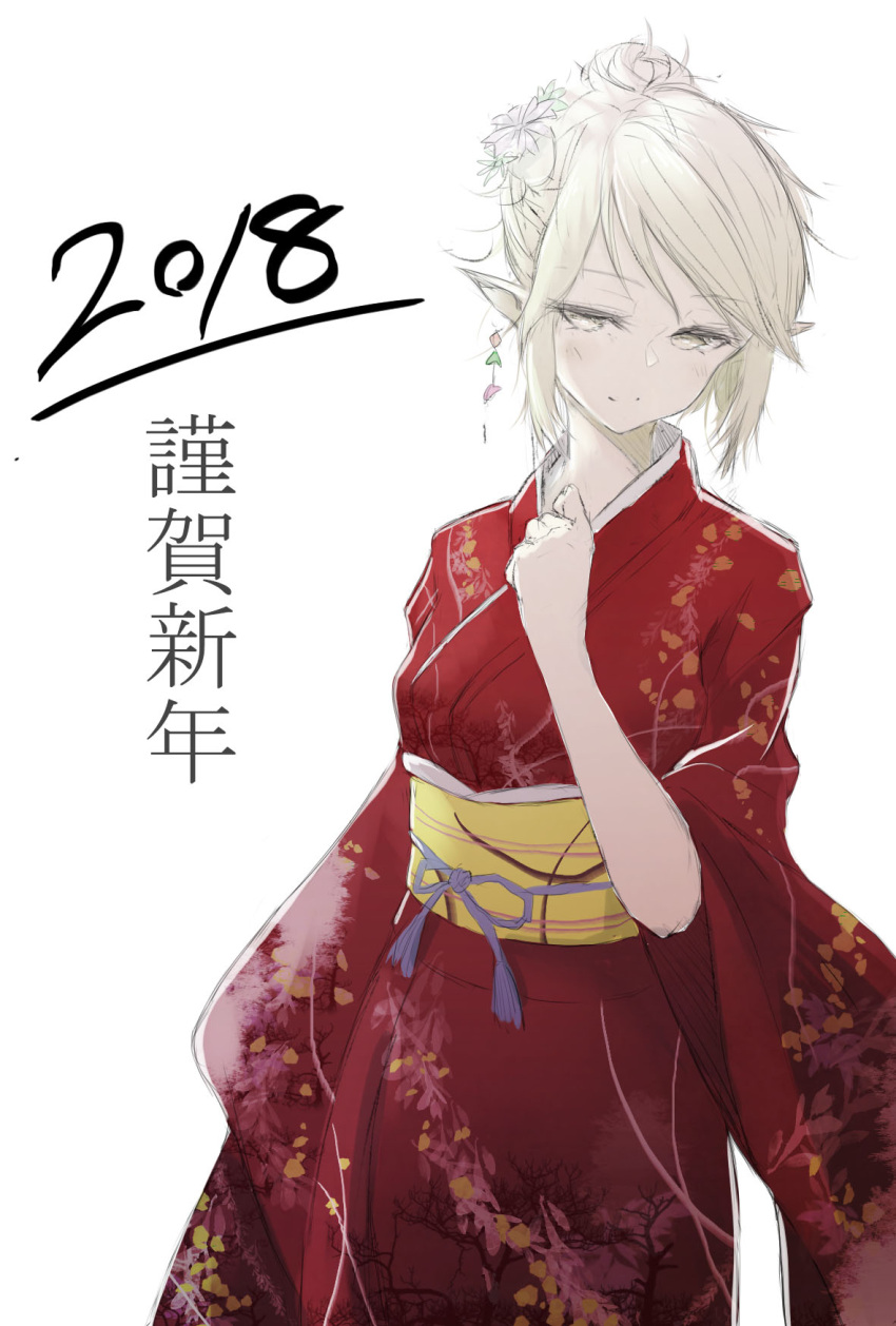 1girl 2018 alternate_costume alternate_hairstyle floral_print flower hair_flower hair_ornament hand_up highres japanese_clothes kimono looking_at_viewer mizuhashi_parsee pointy_ears red_kimono simple_background sketch smile solo touhou watchi white_background wide_sleeves yukata