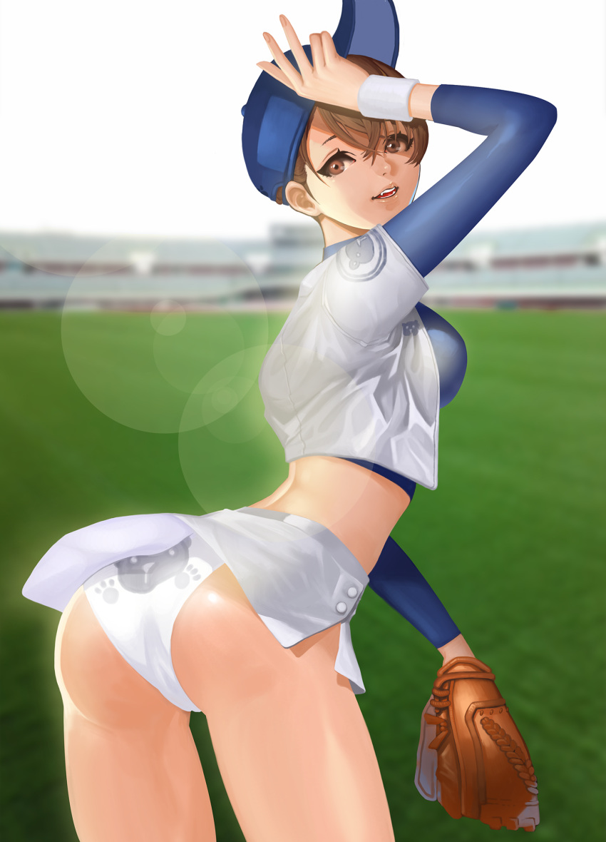 1girl arm_up ass bad_anatomy baseball_cap baseball_glove baseball_jersey bear_panties blurry blurry_background brown_eyes brown_hair dereiope hat highres open_mouth original outdoors panties print_panties short_hair solo underwear wristband