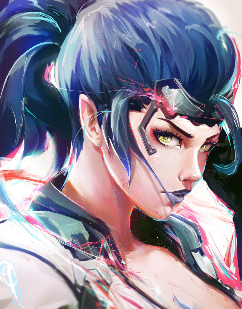 1girl abstract alternate_costume asevc blue_hair breasts cleavage commentary eyelashes face goggles goggles_on_head hair_slicked_back highres lipstick looking_at_viewer makeup overwatch parted_lips ponytail portrait purple_lips purple_lipstick simple_background sketch solo talon_widowmaker white_background widowmaker_(overwatch) yellow_eyes