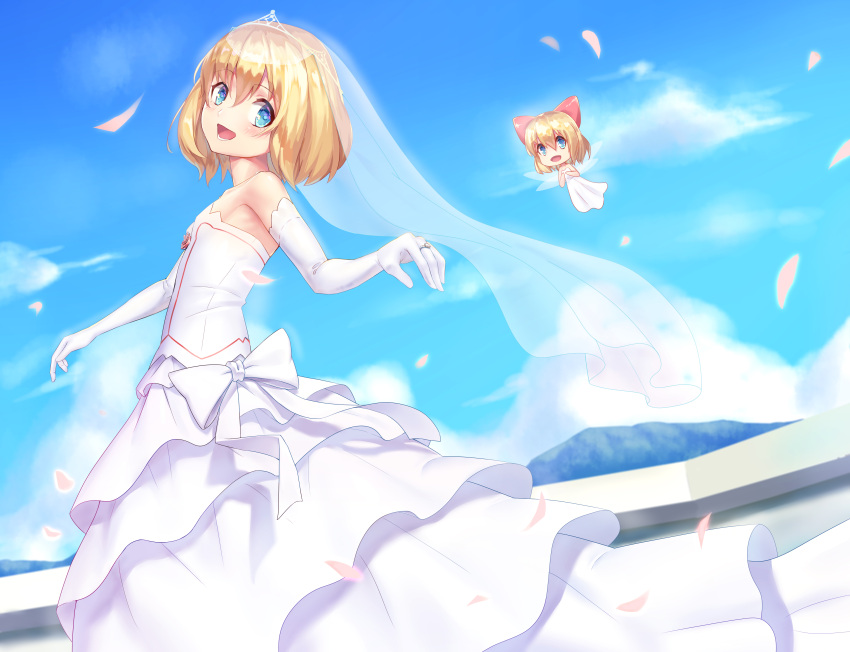 1girl :d absurdres alice_margatroid alternate_costume bare_shoulders blonde_hair blue_eyes blue_sky blush bow bridal_veil bride day dress eyebrows_visible_through_hair fairy flat_chest flying from_side gloves hair_bow hei_huo_chong highres jewelry layered_dress looking_at_viewer looking_to_the_side minigirl open_mouth outdoors petals red_bow ring see-through shanghai_doll shiny shiny_hair short_hair sky smile solo standing strapless strapless_dress tiara touhou veil wedding_dress wedding_ring white_bow white_dress white_gloves