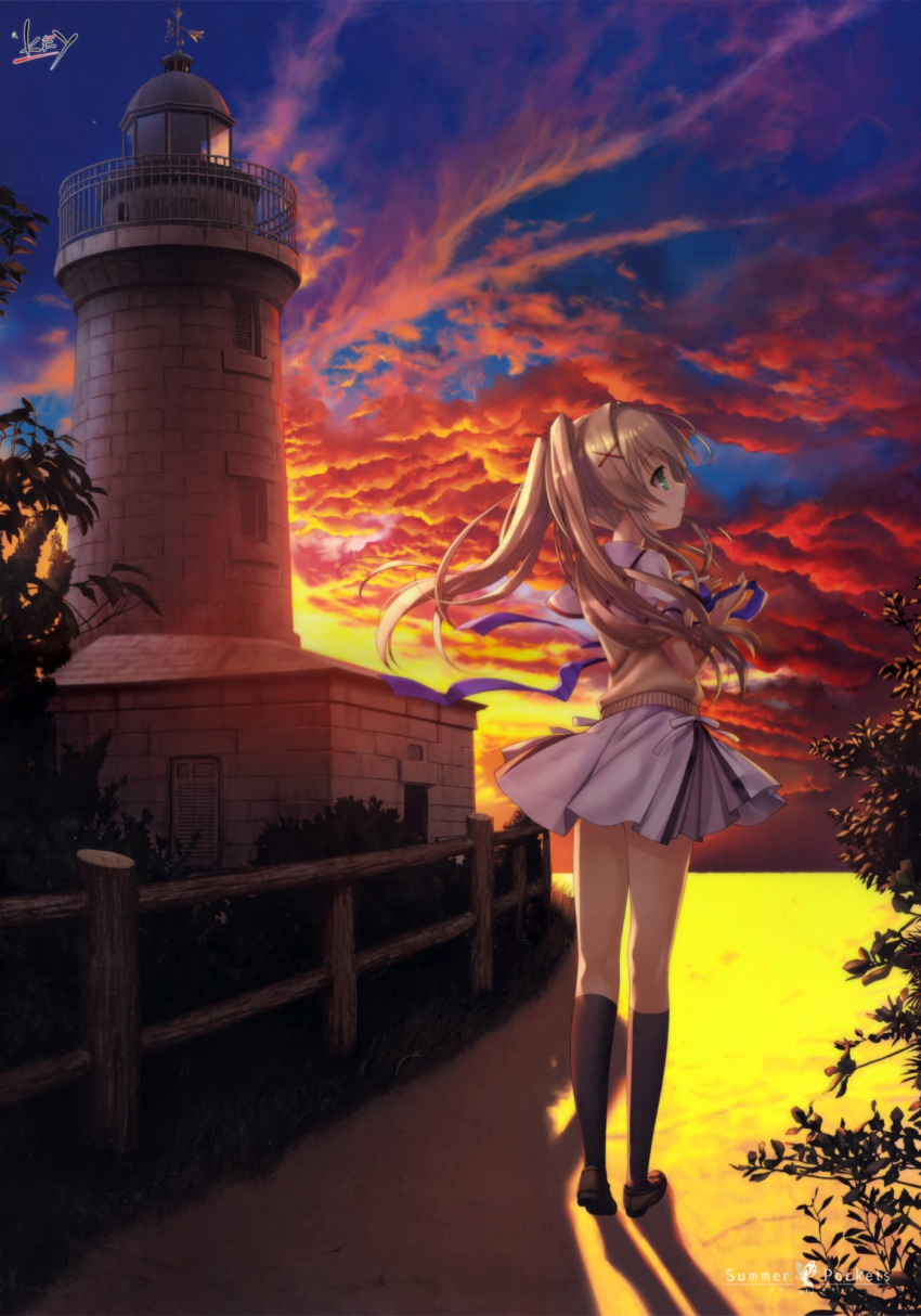 1girl black_legwear blonde_hair building butterfly clouds green_eyes hair_ornament highres holding key_(company) kneehighs lighthouse loafers long_hair nagayama_yuunon official_art outdoors plant ribbon scenery school_uniform serafuku shoes skirt sky solo standing summer_pockets sunset sweater_vest tsumugi_wenders twintails wind x_hair_ornament