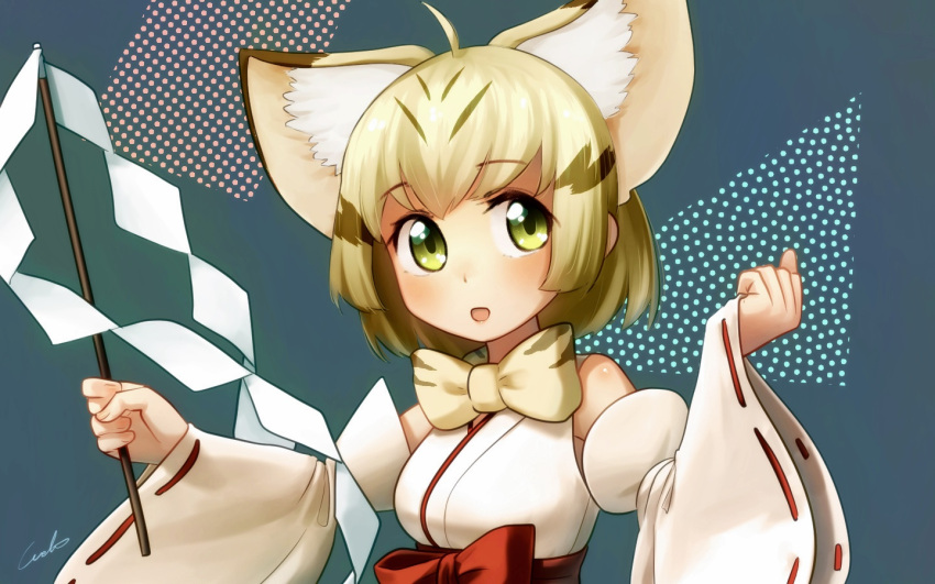1girl animal_ears blonde_hair bow bowtie cat_ears commentary detached_sleeves extra_ears gohei japanese_clothes kemono_friends looking_at_viewer miko open_mouth ribbon-trimmed_sleeves ribbon_trim sand_cat_(kemono_friends) short_hair solo upper_body welt_(kinsei_koutenkyoku) wide_sleeves yellow_eyes