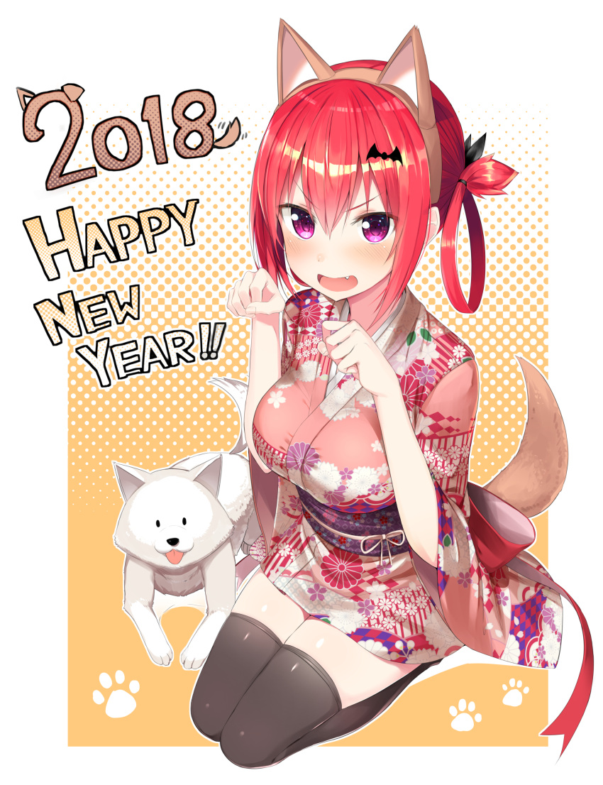 1girl 2018 absurdres animal_ears bangs bat_hair_ornament black_eyes black_legwear blush breasts brown_hairband dog dog_ears dog_tail embarrassed fake_animal_ears fang floral_print full_body gabriel_dropout greatmosu hair_ornament hair_ribbon hairband hands_up happy_new_year highres kurumizawa_satanichia_mcdowell large_breasts long_sleeves looking_at_viewer motion_lines new_year no_shoes nose_blush open_mouth paw_pose paws redhead ribbon seiza shiny shiny_hair short_hair sitting solo tail thigh-highs tongue tongue_out violet_eyes white_fur wide_sleeves zettai_ryouiki