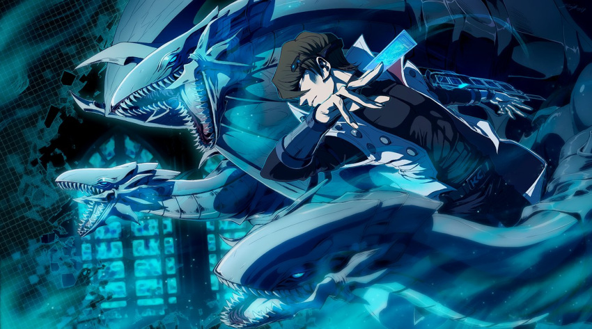 1boy belt blue-eyes_ultimate_dragon brown_hair card coat denimecho duel_disk duel_monster holding holding_card kaiba_seto open_mouth teeth yu-gi-oh! yuu-gi-ou_duel_monsters