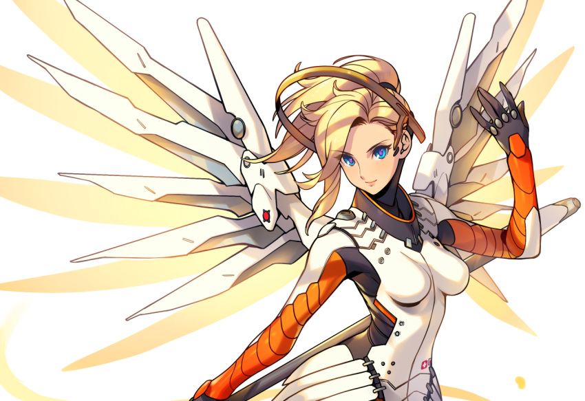 1girl blonde_hair blue_eyes bodysuit breasts closed_mouth hand_up holding holding_weapon impossible_bodysuit impossible_clothes kotatsu_(g-rough) looking_at_viewer mechanical_wings medium_breasts mercy_(overwatch) overwatch ponytail purple_pupils simple_background smile solo staff upper_body weapon white_background white_bodysuit wings