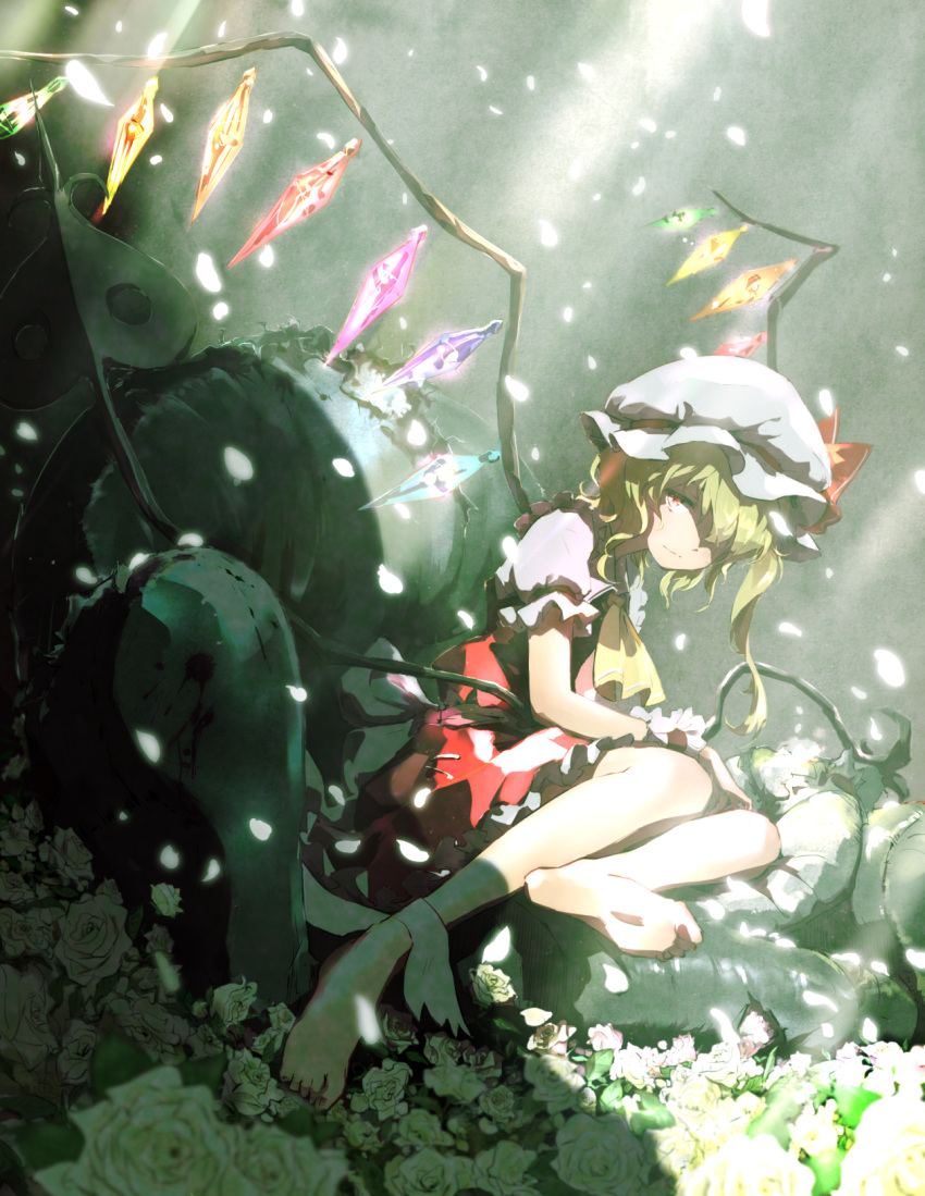 1girl 9901 barefoot blonde_hair bow flandre_scarlet flower hair_over_one_eye hat hat_bow highres long_hair looking_at_viewer mob_cap puffy_short_sleeves puffy_sleeves red_bow red_eyes red_skirt short_sleeves sitting skirt solo touhou white_hat