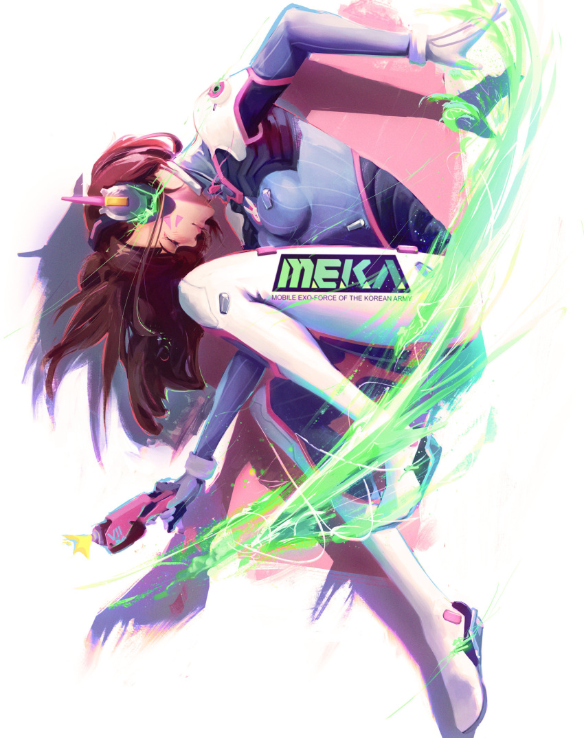 1girl abstract acronym animal_print asevc bangs blue_bodysuit bodysuit breasts brown_hair bunny_print closed_eyes clothes_writing commentary d.va_(overwatch) facepaint facial_mark finger_on_trigger full_body gun handgun headphones high_collar highres light_smile long_hair medium_breasts overwatch pilot_suit pink_lips pistol pose ribbed_bodysuit shoulder_pads simple_background sketch skin_tight solo swept_bangs weapon whisker_markings white_background