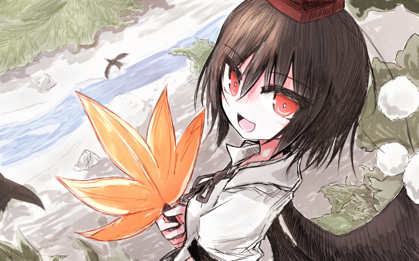 bird black_hair black_wings collared_shirt eyebrows_visible_through_hair from_above hat highres holding leaf looking_at_viewer looking_back open_mouth pom_pom_(clothes) puffy_sleeves red_eyes river rock scenery shameimaru_aya shirt short_hair short_sleeves smile tokin_hat touhou tsuzuku_(hayamisyoto) wings