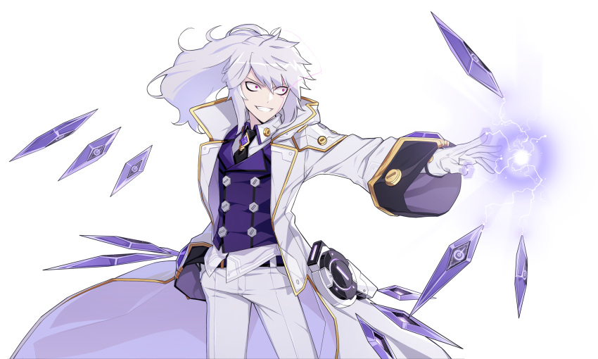 1boy absurdres add_(elsword) black_neckwear cowboy_shot crazy_eyes electricity elsword gloves grin hand_in_pocket highres hwansang long_hair looking_to_the_side male_focus mastermind_(elsword) necktie official_art pants ponytail purple_shirt shirt smile solo violet_eyes white_coat white_gloves white_hair white_pants wide-eyed