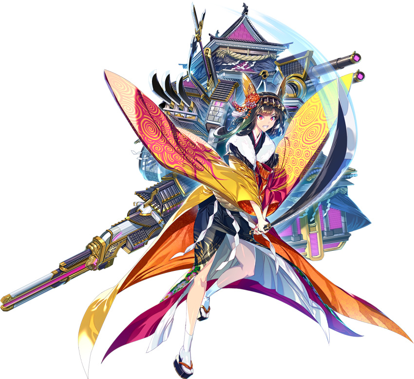 1girl alternate_costume architecture bangs black_hair blunt_bangs castle east_asian_architecture eyebrows_visible_through_hair full_body hair_ornament hairband holding holding_arrow holding_sword holding_weapon japanese_clothes katana kimono kumamoto_castle_(oshiro_project) official_art oshiro_project oshiro_project_re shachihoko smile solo sword transparent_background unsheathed violet_eyes weapon wide_sleeves zounose