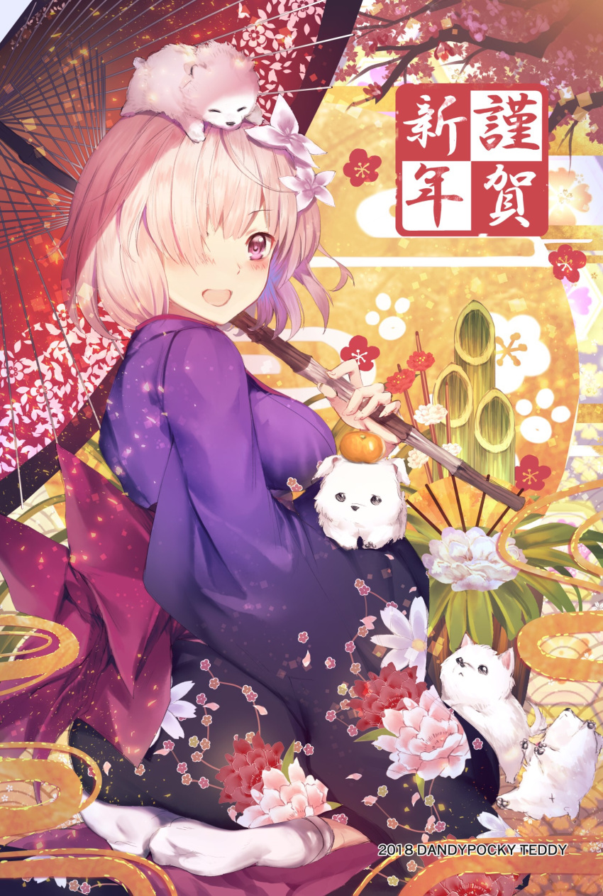 1girl :d absurdres animal animal_on_head anus bamboo blush bow breasts cherry_blossoms dog egasumi eyebrows_visible_through_hair fate/grand_order fate_(series) floral_print flower food food_on_head from_side fruit fruit_on_head full_body hair_over_one_eye highres holding holding_umbrella japanese_clothes khanshin kimono large_bow lavender_hair long_sleeves looking_at_viewer looking_to_the_side mandarin_orange mash_kyrielight medium_breasts nengajou new_year object_on_head on_head open_mouth oriental_umbrella paws pink_bow print_kimono purple_kimono seiza short_hair sitting smile socks tree umbrella violet_eyes white_legwear wide_sleeves