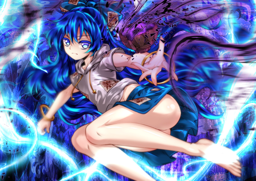 1girl ass bangs bare_arms bare_legs barefoot blue_bow blue_eyes blue_hair blue_skirt bow bowl bracelet broken drawstring expressionless hair_bow highres hood jewelry long_hair looking_at_viewer miniskirt no_panties nomayo ofuda short_sleeves skirt solo touhou yorigami_shion