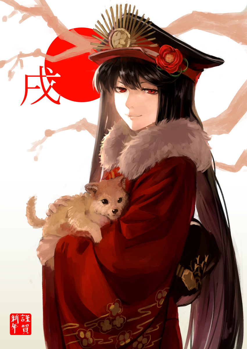 1girl absurdres alternate_costume animal bangs black_eyes black_hair black_hat closed_mouth dog fate/grand_order fate_(series) floral_print flower from_side fur_collar gradient gradient_background hat hat_flower highlights highres holding holding_animal japanese_clothes kimono long_hair long_sleeves looking_at_viewer looking_to_the_side multicolored_hair oda_nobunaga_(fate) peaked_cap peperon_(peperou) print_kimono red_eyes red_flower red_kimono smile solo straight_hair tree_branch upper_body very_long_hair wide_sleeves