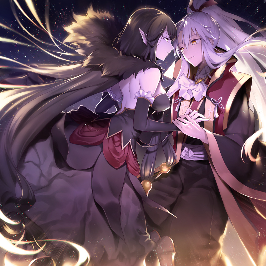 1boy 1girl absurdly_long_hair amakusa_shirou_(fate) bare_shoulders black_dress black_gloves black_hair breasts brown_eyes cape dark_skin detached_sleeves dress elbow_gloves fate/apocrypha fate_(series) fur_trim gloves hair_ribbon hand_holding highres large_breasts long_dress long_hair looking_at_another partly_fingerless_gloves pointy_ears ponytail ribbon semiramis_(fate) sidelocks sky star_(sky) starry_sky stole very_long_hair white_hair wowishi yellow_eyes