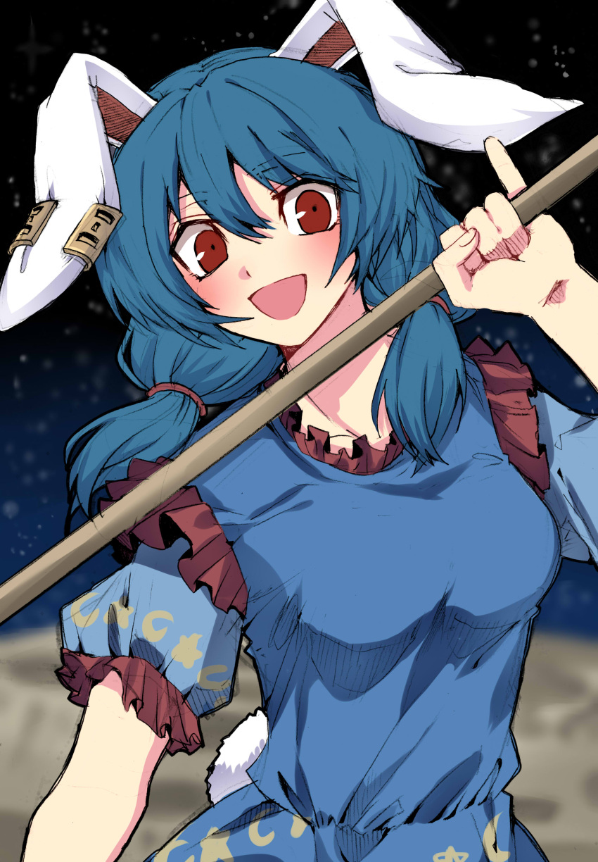 1girl :d absurdres animal_ears bangs blue_dress blue_hair blurry blush breasts bunny_tail collarbone crater crescent_moon depth_of_field dress ear_clip eyebrows eyebrows_visible_through_hair fingernails frilled_dress frilled_sleeves frills hair_between_eyes hair_tie highres kuromiya_yurin long_hair low_twintails mallet medium_breasts moon moon_print open_mouth pinky_out puffy_short_sleeves puffy_sleeves rabbit_ears red_eyes seiran_(touhou) short_sleeves smile solo space star star_(sky) star_print tail touhou twintails upper_body