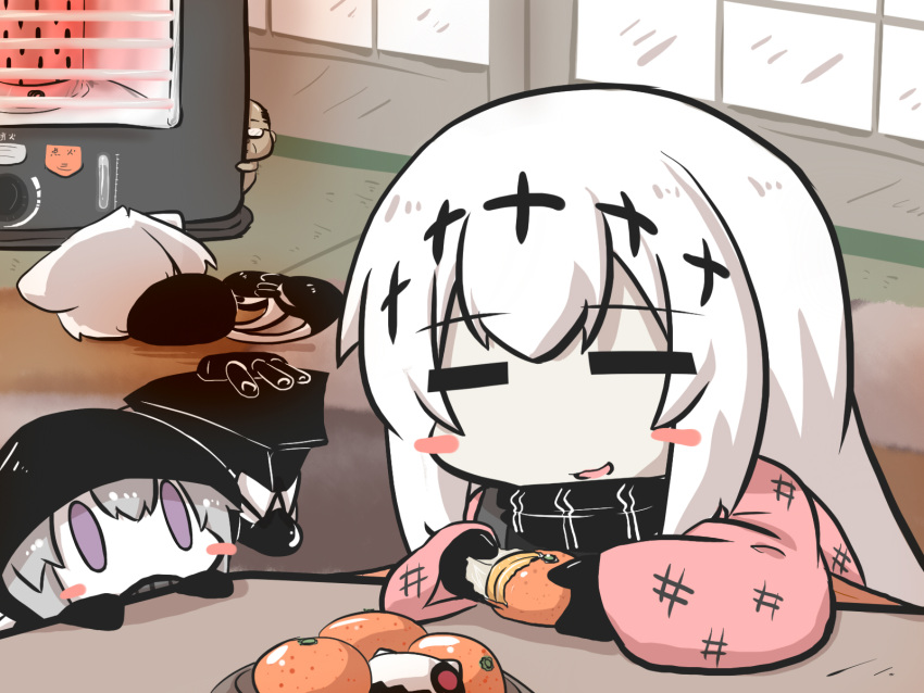 3girls aircraft_carrier_water_oni blush_stickers cape chibi closed_eyes comic commentary_request food fruit gomasamune hanten heater highres hood hood_up hoodie kantai_collection long_sleeves mandarin_orange multiple_girls multiple_tails ne-class_heavy_cruiser open_mouth peeling re-class_battleship shinkaisei-kan smile tail violet_eyes white_hair