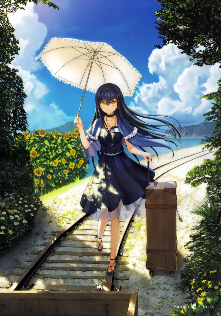 1girl beach black_dress black_hair black_hairband blue_sky butterfly capelet choker clouds cloudy_sky cross-laced_footwear dappled_sunlight day dress flower frills grass hairband high_heels highres key_(company) key_necklace kushima_kamome long_hair na-ga nature official_art outdoors parasol plant rolling_suitcase scenery sheer_clothes skull_and_crossbones sky smile solo standing suitcase summer_pockets sunflower sunlight tree umbrella yellow_eyes