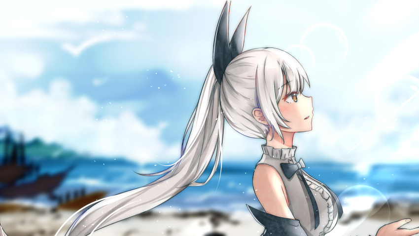 1girl armpit_peek arms_at_sides bangs bare_shoulders black_jacket black_ribbon blue_sky blurry blush bow breasts brown_eyes clouds cloudy_sky depth_of_field dock eyebrows_visible_through_hair five-seven_(girls_frontline) floating_hair frilled_shirt_collar frills from_side girls_frontline hair_ornament hair_ribbon harbor highres jacket jewelry large_breasts lens_flare light_particles long_hair looking_up mango_(mgo) mountain ocean off_shoulder open_mouth outstretched_hand parted_lips ponytail ribbon shirt sidelocks silver_hair sky sleeveless sleeveless_shirt smile solo sunlight very_long_hair white_shirt wind yellow_eyes