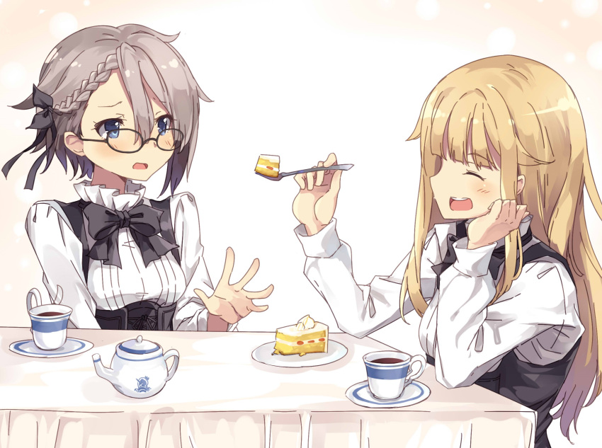 2girls ange_(princess_principal) blonde_hair blue_eyes blush cake cup food highres long_hair looking_at_viewer multiple_girls normaland plate princess_(princess_principal) princess_principal saucer school_uniform short_hair sitting smile table tea teacup teapot tray