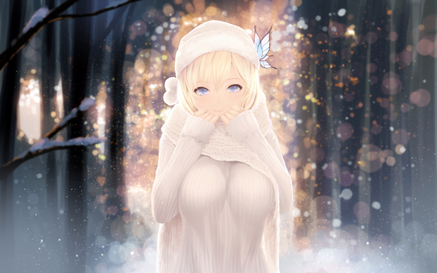 1girl absurdres bangs bare_tree blonde_hair blue_eyes boku_wa_tomodachi_ga_sukunai breasts butterfly_hair_ornament cait closed_mouth forest grey_sweater hair_between_eyes hair_ornament hands_up hat highres holding_scarf huge_filesize kashiwazaki_sena large_breasts long_hair looking_at_viewer nature outdoors paid_reward patreon_reward pom_pom_(clothes) scarf sleeves_past_wrists smile snow snowing solo sweater tree upper_body white_hat white_scarf winter