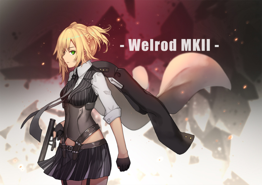 1girl ammunition_pouch arm_at_side bangs belt black_gloves black_neckwear black_skirt blonde_hair braid breasts buckle buttons character_name closed_mouth collared_shirt corset do2mi_doreimi elbow_sleeve eyebrows_visible_through_hair floating_hair from_side garter_straps girls_frontline gloves green_eyes gun half_gloves handgun highres holding holding_gun holding_weapon holster light_particles looking_at_viewer medium_breasts necktie pistol pleated_skirt shirt short_hair short_twintails sidelocks skindentation skirt solo strap striped_vest thigh_holster thigh_strap thighs trigger_discipline twintails vest weapon welrod_mk2 welrod_mk2_(girls_frontline) white_shirt wind wind_lift