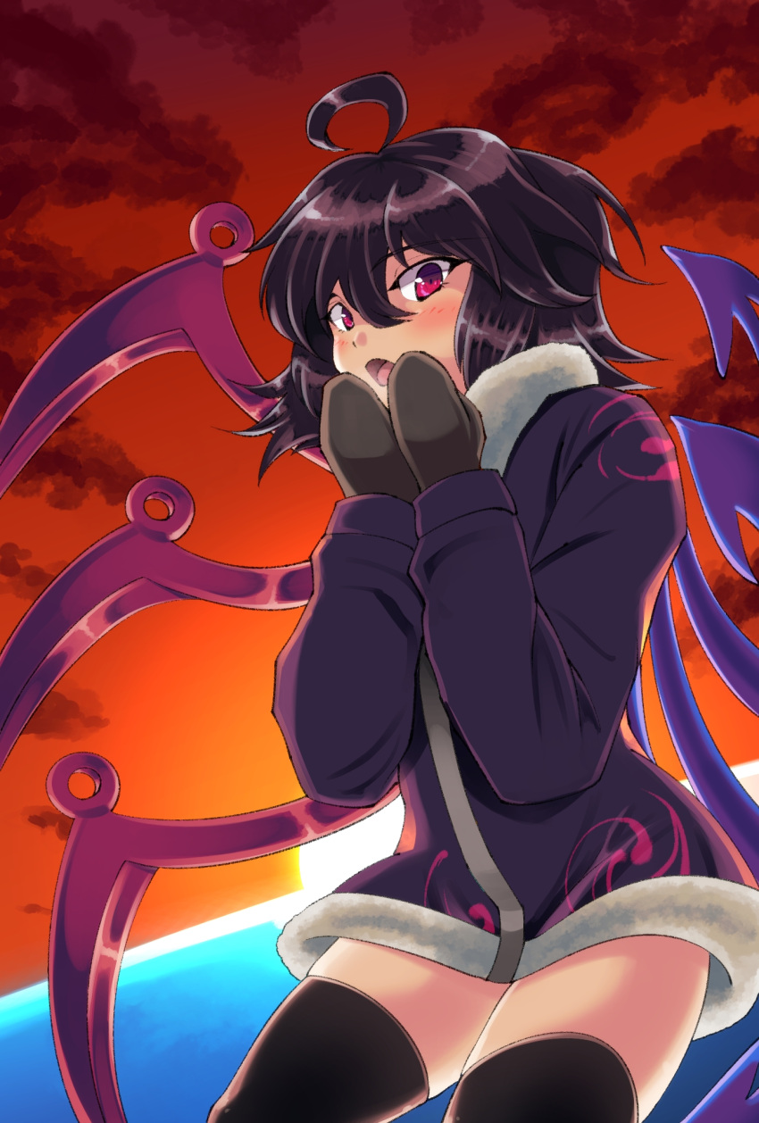 1girl adapted_costume ahoge asymmetrical_wings black_hair black_legwear coat france_panda hair_between_eyes hands_up highres houjuu_nue long_sleeves looking_at_viewer mittens no_pants open_mouth outdoors red_eyes solo thigh-highs touhou wings