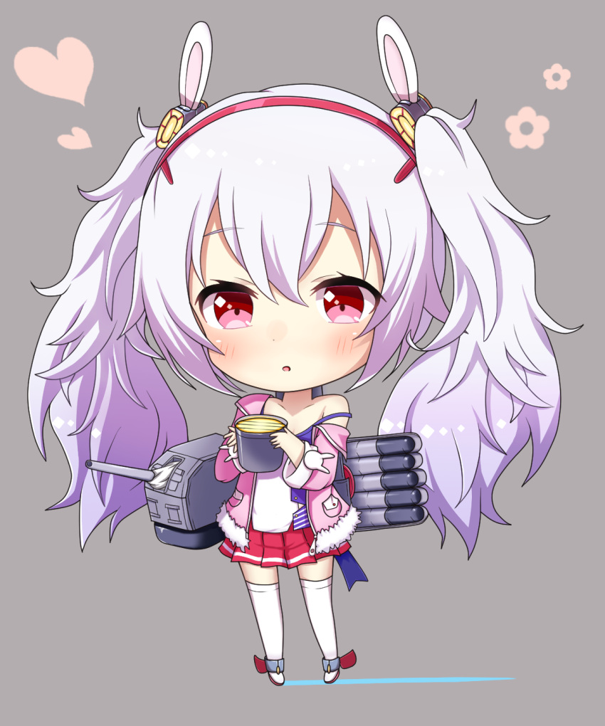 1girl :o animal_ears azur_lane bangs blush camisole cannon chibi commentary_request eyebrows_visible_through_hair full_body fur-trimmed_jacket fur_trim grey_background hair_between_eyes hair_ornament hairband heart highres holding jacket kyuujou_komachi laffey_(azur_lane) long_hair long_sleeves off_shoulder parted_lips pink_jacket pleated_skirt rabbit_ears red_eyes red_footwear red_hairband red_skirt searchlight silver_hair skirt solo strap_slip thigh-highs torpedo turret twintails very_long_hair white_camisole white_legwear