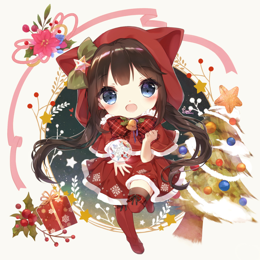 1girl :d animal_ears animal_hood bangs black_legwear blue_eyes blush boots box brown_hair capelet cat_ears cat_hood christmas christmas_ornaments christmas_tree commentary danby_merong dress eyebrows_visible_through_hair flower fur-trimmed_capelet fur-trimmed_dress gift gift_box head_tilt highres holly hood hooded_capelet looking_at_viewer open_mouth orb original outstretched_arm pink_flower red_capelet red_dress red_footwear smile snowflakes solo standing standing_on_one_leg star thigh-highs thigh_boots thighhighs_under_boots