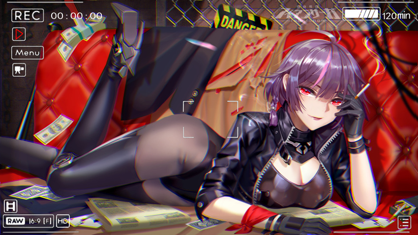 1girl ahoge bangs baseball_bat black_footwear black_gloves black_jacket black_legwear black_leotard blunt_bangs boots braid breasts card chain-link_fence cigarette cigarette_box cleavage closed_mouth couch cropped_jacket fence gloves high_heel_boots high_heels highres holding holding_cigarette jacket jidong_zhandui knife leg_up leotard lips looking_at_viewer lying medium_breasts money multicolored_hair official_art on_couch on_stomach pantyhose paper pink_hair playing_card purple_hair red_ribbon ribbon short_hair sign sleeves_past_elbows smile smoke solo streaked_hair thigh-highs thigh_boots tsurime two-tone_hair unzipped viewfinder warning_sign wrist_ribbon wristband zipper zjsstc