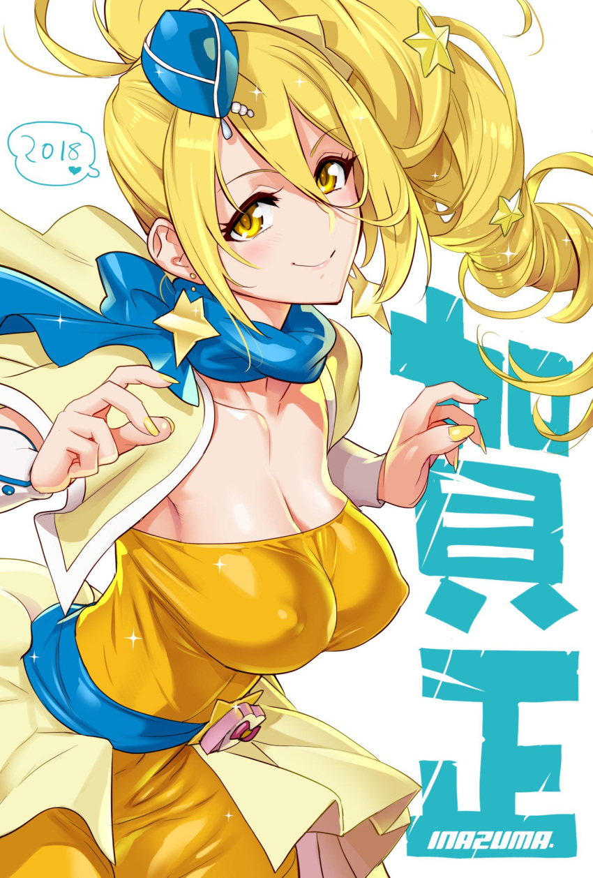 1girl 2018 blonde_hair blue_scarf breasts cleavage closed_mouth commentary_request cure_etoile dress earrings erect_nipples garrison_cap hair_ornament hat highres hugtto!_precure jewelry kagayaki_homare large_breasts long_hair looking_at_viewer magical_girl mini_hat nail_polish ponytail precure satou_shouji scarf shawl shiny shiny_hair shiny_skin smile solo star star_hair_ornament text wrist_cuffs yellow_dress yellow_eyes